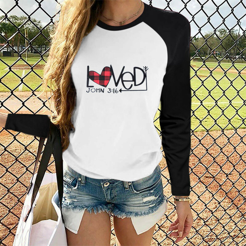 T-shirt imprimé en forme de cœur Leon Day pour femme, col rond en Y, manches longues, patchwork, mode décontractée, chemisier pour femme