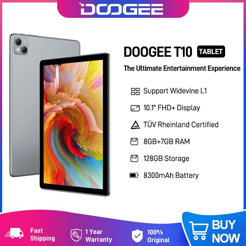 DOOGEE T10 Tablet 10.1" IPS FHD+ Display con certificazione TÜV Rheinland Octa Core Android 12 Tablet 13MP fotocamera principale 8300mAh Batteria Tablet Pad 8 +7GB RAM estesa + 128 GB di archiviazione