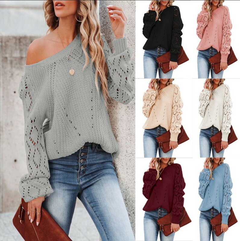 New Autumn and Winter Sweater Women's Solid Color Loose Top Women's Hollow Pattern Round Neck Sweater Women