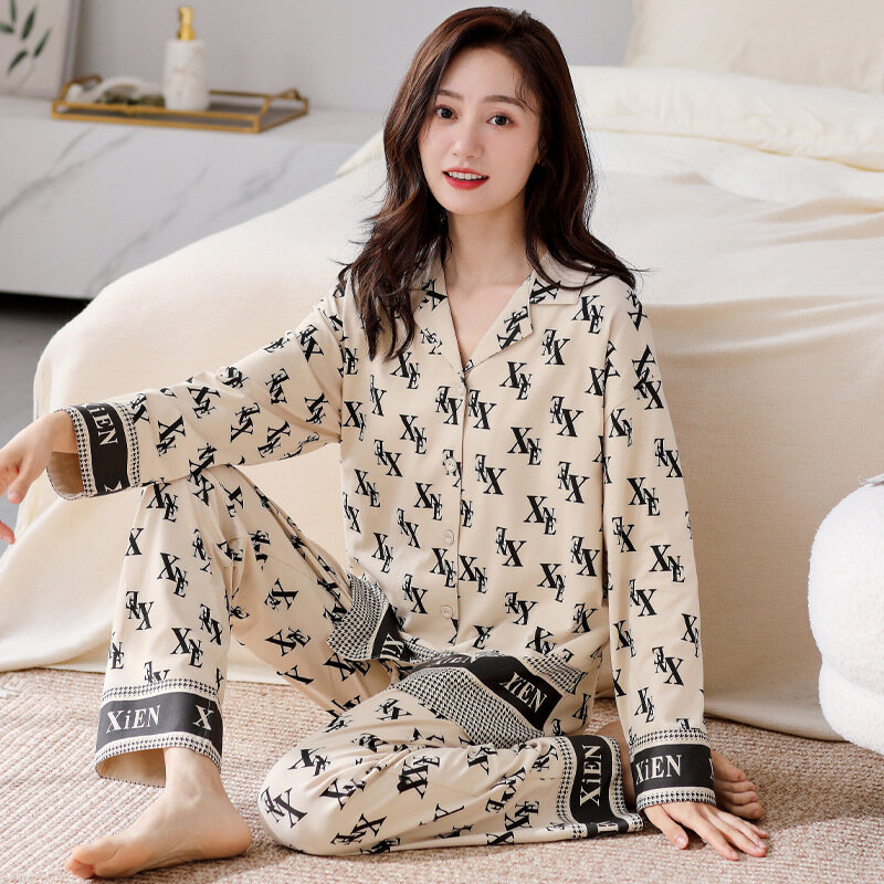 Conjunto de pijama de manga comprida feminino, cardigã com gola polo, estampado solto, casual, para casa, novo produto, primavera e outono, 2022
