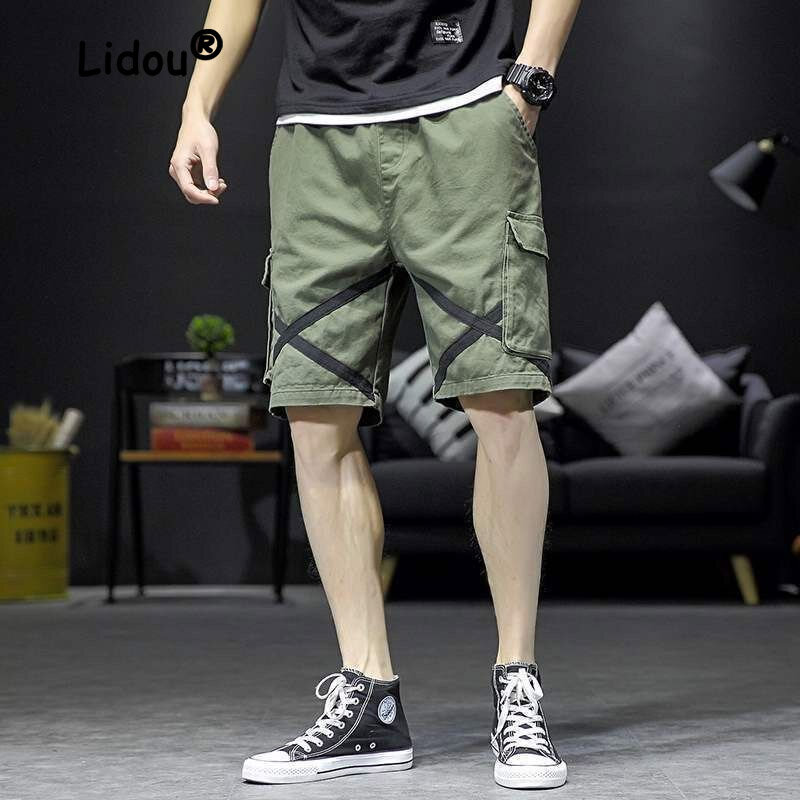 กางเกงทำงานขาสั้นมีหลายกระเป๋าสำหรับผู้ชายเทรนด์ฉบับภาษาเกาหลีทรงหลวมแนวสตรีทลำลองมีเชือกผูกเอว