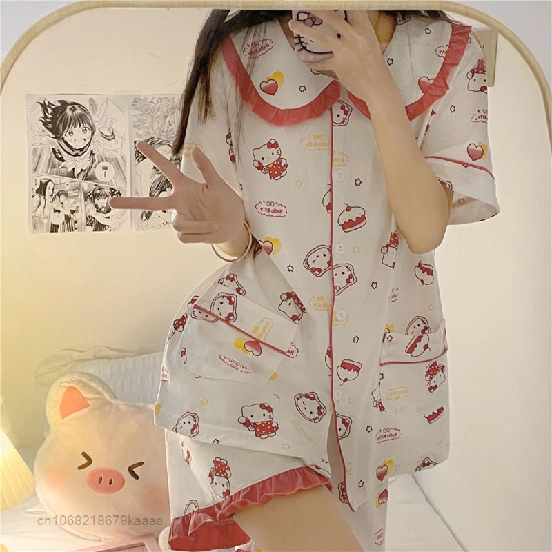 Sanrio Hello Kitty ฤดูร้อนเสื้อผ้าน่ารักชุดนอนผู้หญิง2ชิ้นชุด Y2k กางเกงขาสั้นเกาหลีหวานชุดลำลองหญิงชุ...