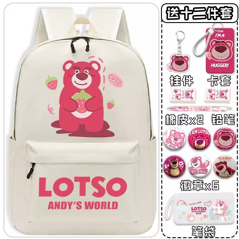 Sanrio Strawberry Bear Schoolbag para homens e mulheres, grande capacidade, simples, leve, mochila de estudante, durável, nova
