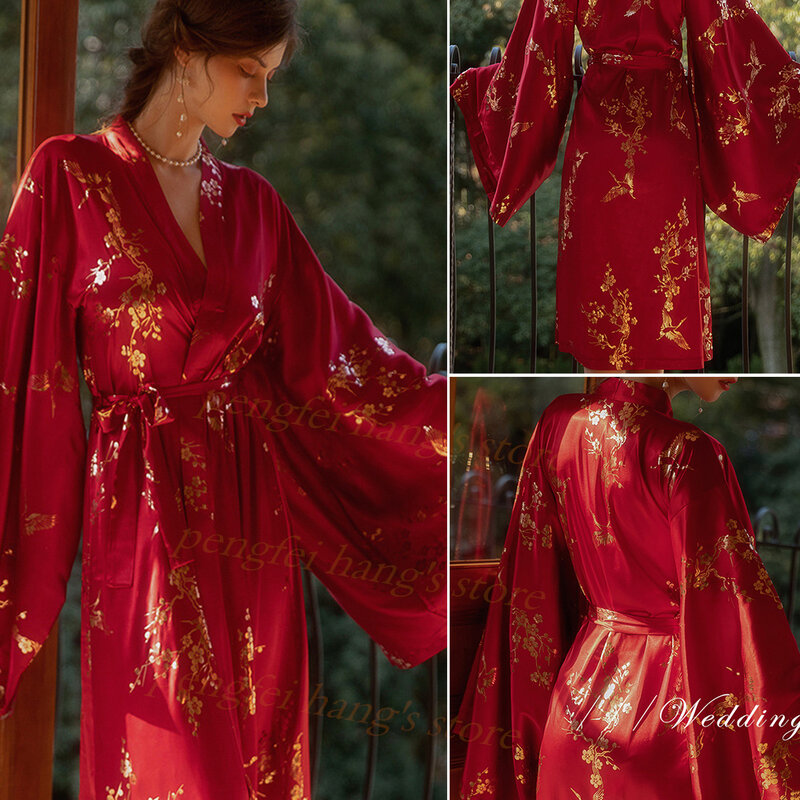 Bata Kimono de manga grande para novia, camisón de flores doradas, ropa de dormir de satén, lencería íntima