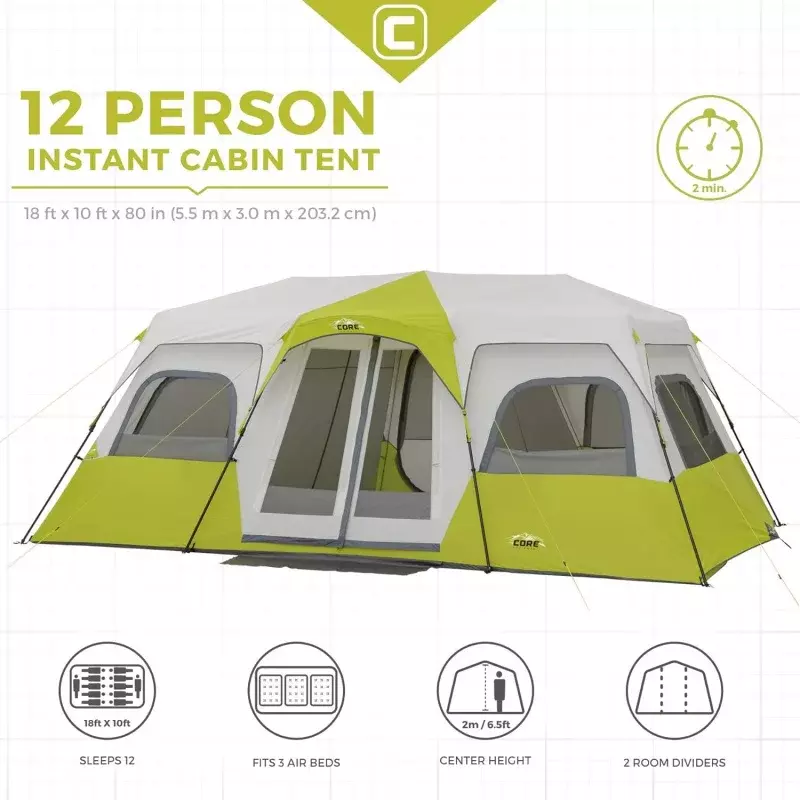 CORE 12 Person Instant Cabin Tent | 3 Room Huge Tent for Family with Storage Pockets for Camping Accessories | Portable Large Po