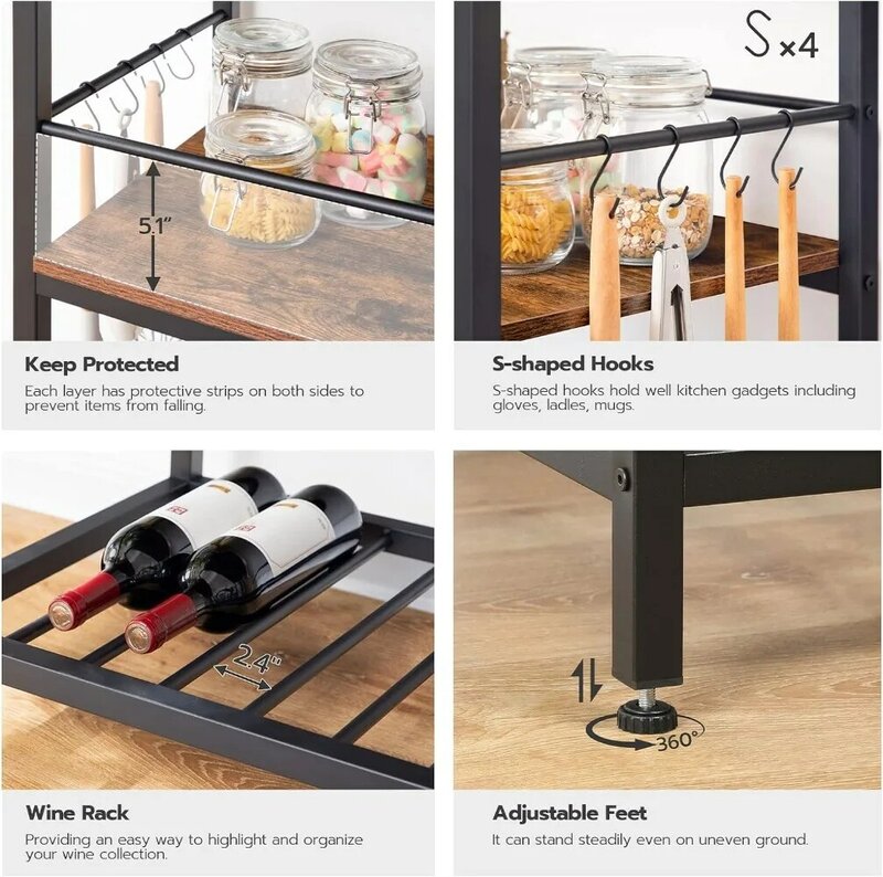 Kitchen Island with Wine Rack, Industrial Kitchen Counter with Hooks and Protective Rails, 3 Tier Kitchen Shelf with Large