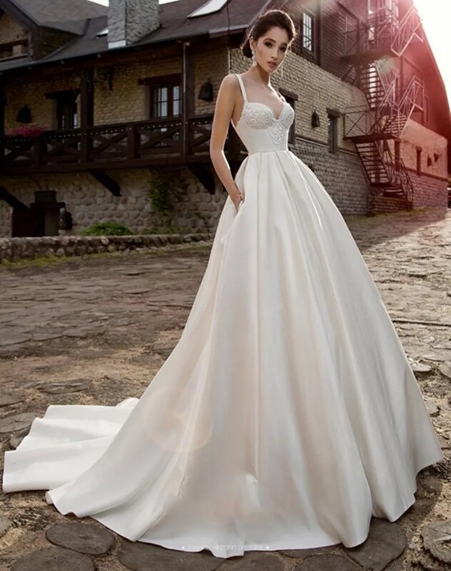 Vestido de noiva em cetim com apliques de renda, cintas de espaguete, vestido de noiva longo do chão, vestido sexy, novo, 2024