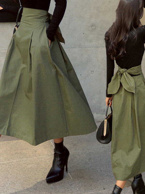 Faldas de moda coreana para mujer, faldas largas de Color sólido, con lazo de cintura alta, Otoño, 2024