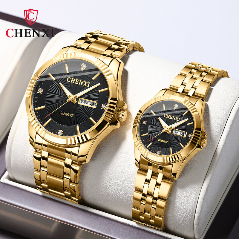 CHENXI-Montre de marque de luxe en acier inoxydable doré pour homme, horloge à quartz, étanche, ensembles de montres pour couple