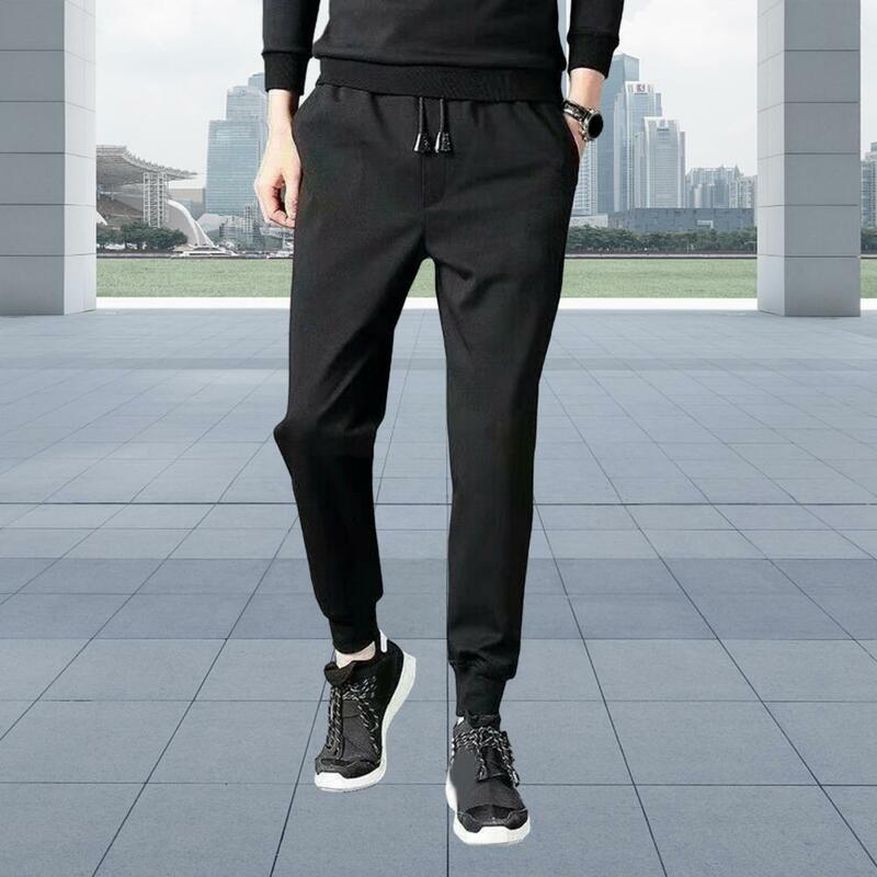 Solid Color Sweatpants Warm Fleece-lined Men's Jogger Trousers Elastic Waist Drawstring Pockets Ideal for Autumn/winter Sports