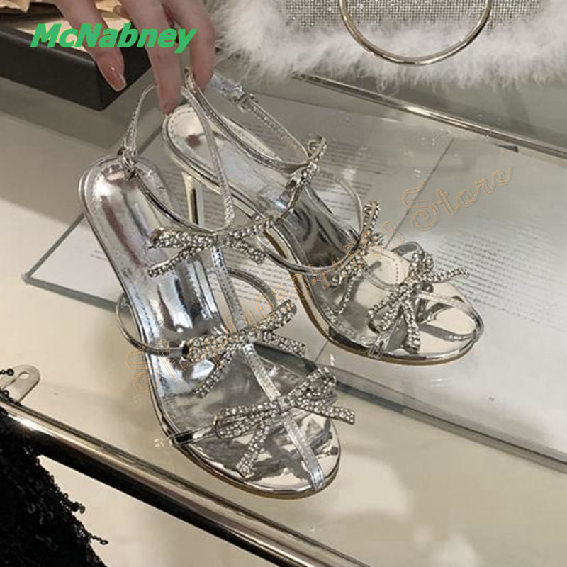 Sandales à talons hauts avec nœud en cristal BlingBling pour femmes, chaussures en cuir à talons fins, talons de fête de mariage, nouveau, 2023