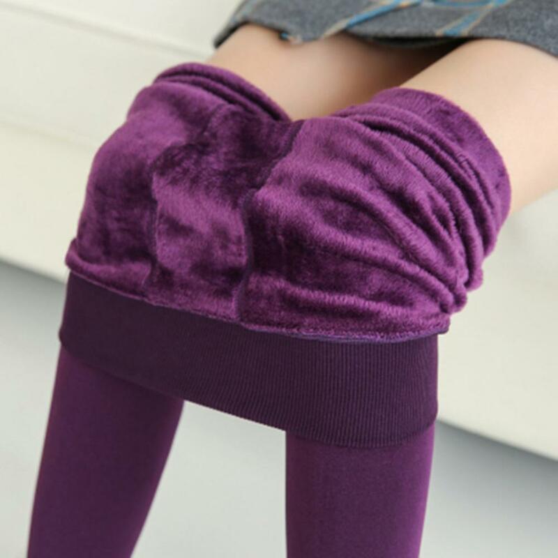 Celana legging untuk wanita, Legging musim dingin tebal pinggang tinggi dengan lapisan beludru warna polos, celana leging hangat untuk cuaca dingin