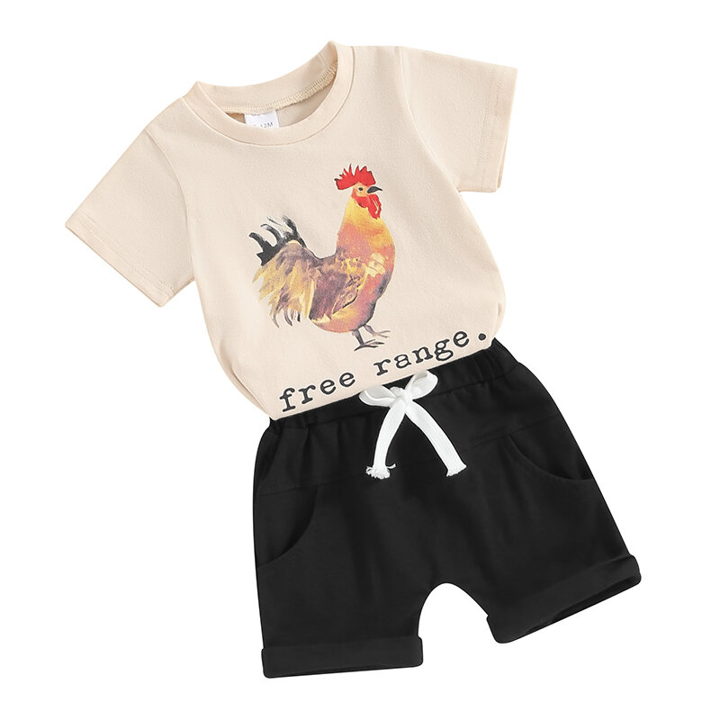 Kaus bayi balita laki-laki, baju musim panas ayam jantan jangkauan gratis, celana pendek pinggang elastis, Set pakaian bayi hidup pertanian