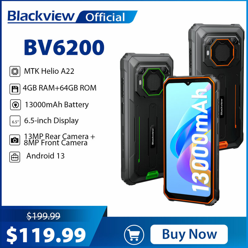 Blackview-BV6200 Máquina Robusta, Helio A22, 6.56 ", Android 13, 8GB, 64GB, 13MP Câmera Traseira, 13000mAh, Carga 18W, Dual 4G Celular