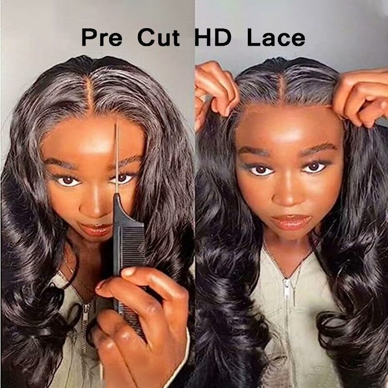 Perruque Lace Closure Wig naturelle ondulée, cheveux humains, perruque Lace Front Wig, cheveux synthétiques, pre-cut, sans colle, densité 180%