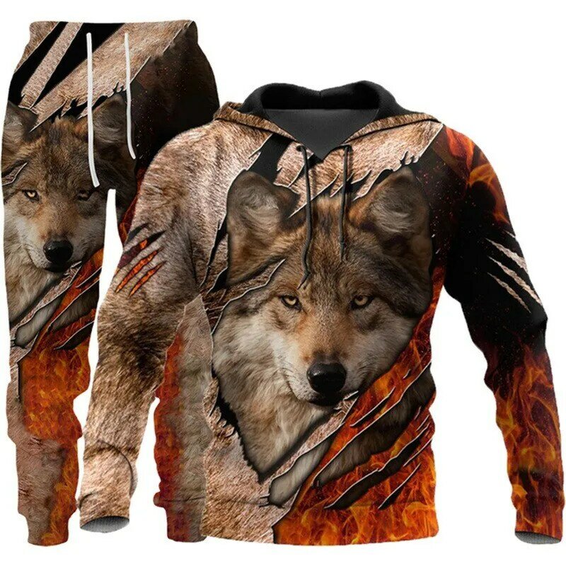 Wolf Set celana Hoodie motif 3D kasual, baju jumper musim gugur musim dingin, setelan pakaian mode untuk pria