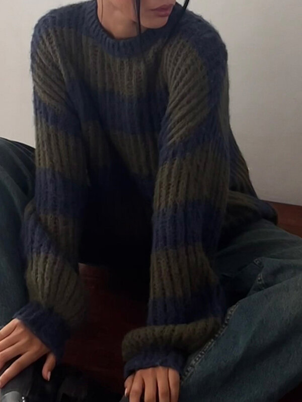Bloco de cores listrado feminino Suéter grande, manga comprida, gola redonda, casual, ajuste solto, pulôver de malha, tops de suéter