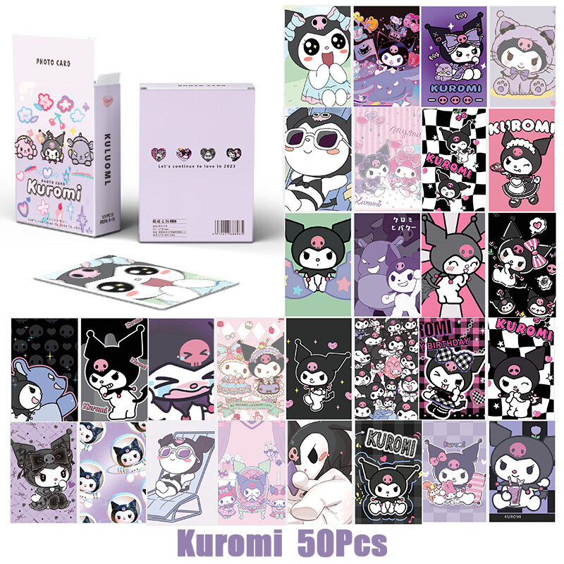 Tarjetas Sanrio Kawaii Hello Kitty Kuromi Melody Cinnamoroll Pochacco, colección de tarjetas para niños y niñas, regalos de cumpleaños, juguetes, 50 unids/lote por caja
