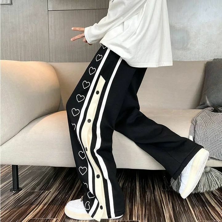 Harajuku pantaloni sportivi a gamba larga Oversize uomo Streetwear pantaloni larghi con bottoni laterali pantaloni sportivi Casual da basket divisi da donna