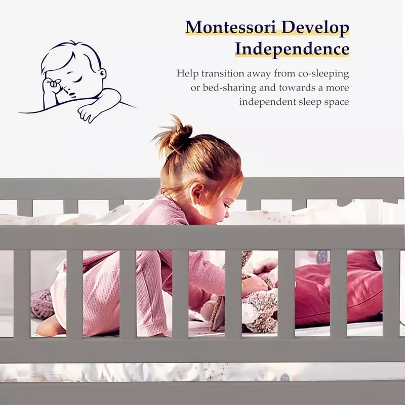 Cama doble para niños, cama de piso Montessori con reposabrazos, casa de madera, marco de cama de piso a techo con techo