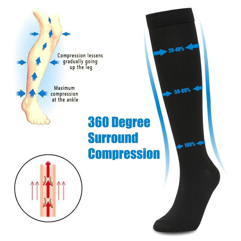 2 Pairs Compression Socks Varicose Veins Solid Color Sports Sock Anti Fatigue Blood Circulation Nurse Knee Socks Running Cycling