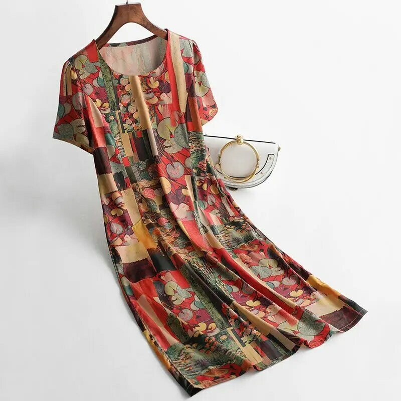 Gaun wanita motif Vintage, baju Wanita Mode Kasual, baju Midi ukuran Plus, motif bunga, lengan pendek O-neck, Gaun longgar, model Vintage, musim panas