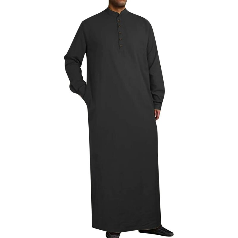 Мужская простая длинная мусульманская одежда в арабском стиле на пуговицах, халат с длинным рукавом, халат с Боковым Разрезом, халат с пуговицами и карманами, рубашка из искусственного шелка