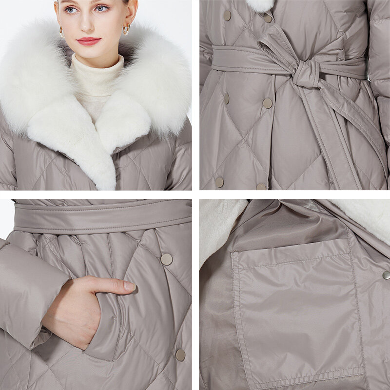 ICEbear-abrigo largo con capucha de piel para mujer, chaqueta de lujo con cinturón, parkas acolchadas cálidas a prueba de viento, GWD3925I, 2023