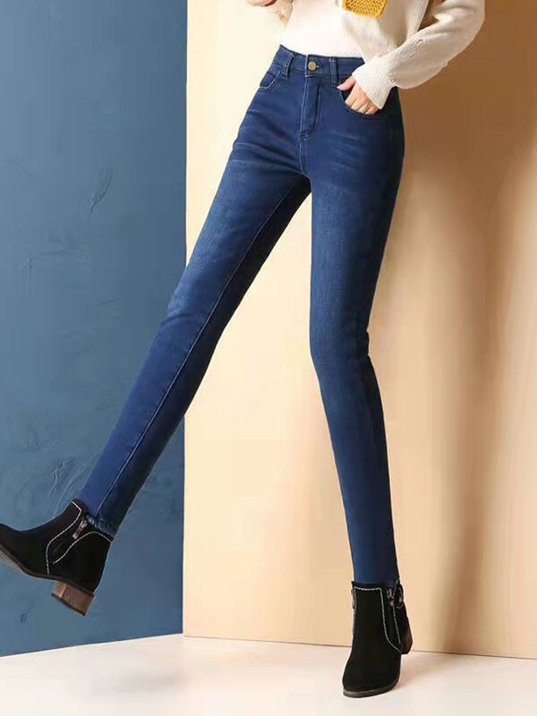 Calça jeans feminina de lã de cordeiro, calça jeans de cintura alta, casual de pelúcia, outono, inverno, nova
