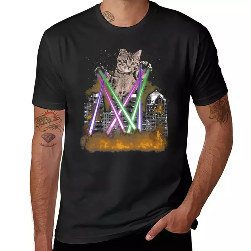 Camiseta de manga curta masculina, camiseta gráfica, gato laser, destrói cidade com patas, camiseta adorável fofa de gatinho, roupa estética