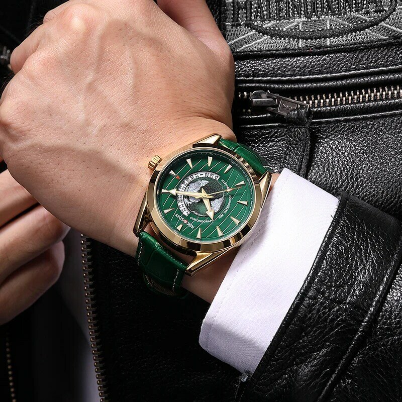 Aocasdiy Luxe Heren Horloges Nieuwe Mode Creatieve Aarde Quartz Polshorloge Lederen Sport Horloge Voor Mannen Klok Relogio Masculino