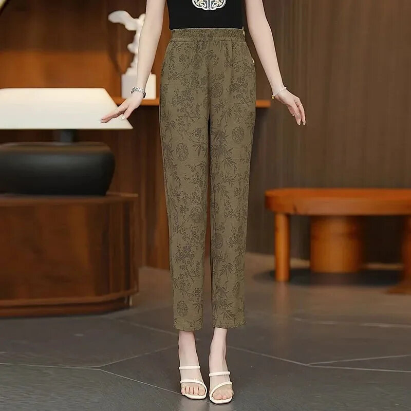 2024 Spring Summer New Printed Harem Pants Female Thin Casual Straight Trousers Women Nine-Point High Waist Pants Ladies
