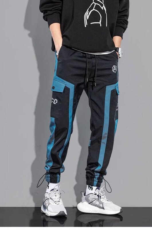 Fino streetwear calças casuais dos homens fitas harem jogging calças masculinas fino ajuste primavera calças de carga multi-bolsos calças femininas k12