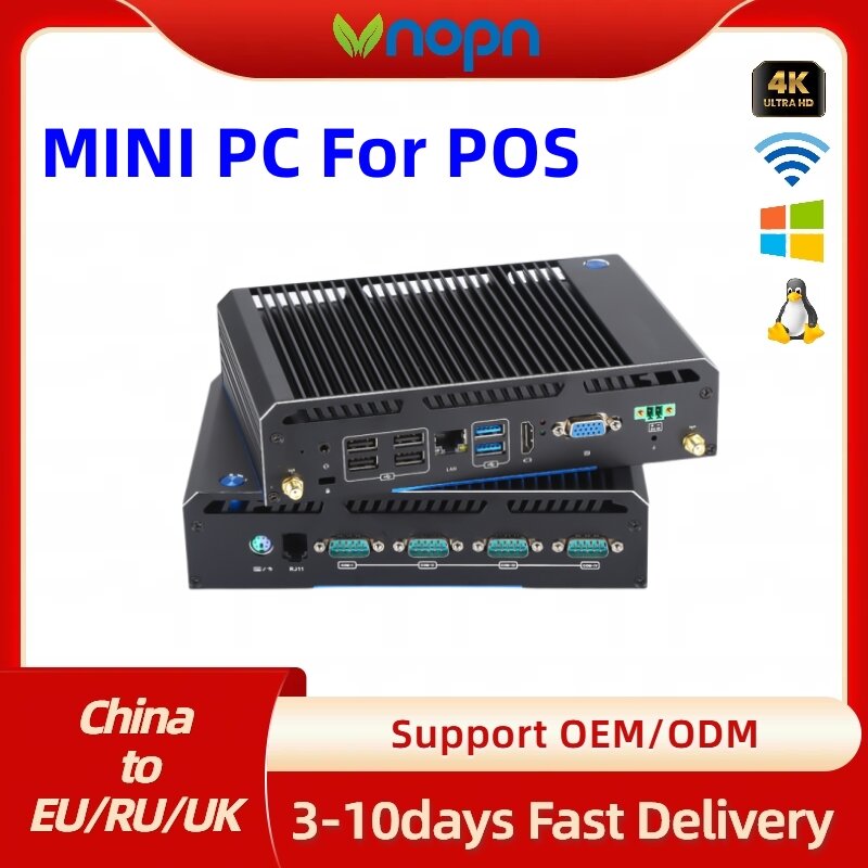Pentium-Nino 10 Core Façades PC Fanless POS System Mini PC, Façades CPU, Touriste LAN, RJ11, 4 * COM, RS232, RS485, VGA, HD Display