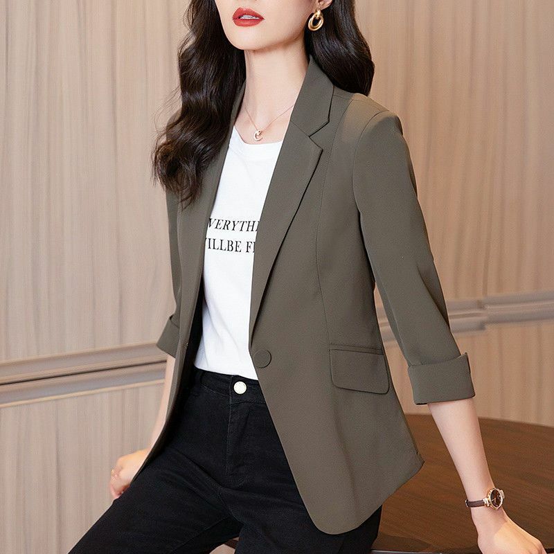 2023 New Spring and Summer Fashion Simple Commuter Suit Collar Single Button Solid Fit Short Three Quarter Thin Suit Coat Women