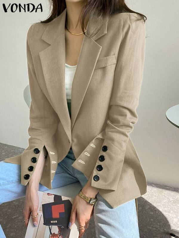Autunno elegante Blazer 2023 VONDA donna manica lunga OL ufficio Casual colletto con risvolto cappotti con un bottone sciolto tinta unita top Blazer