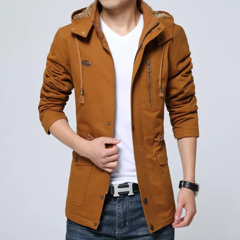 Casual Loose Autumn Winter Men Trench Coat Fashion Hooded Windproof Windbreakers Pockets Zipper Men Jackets M-5Xl Streetwear