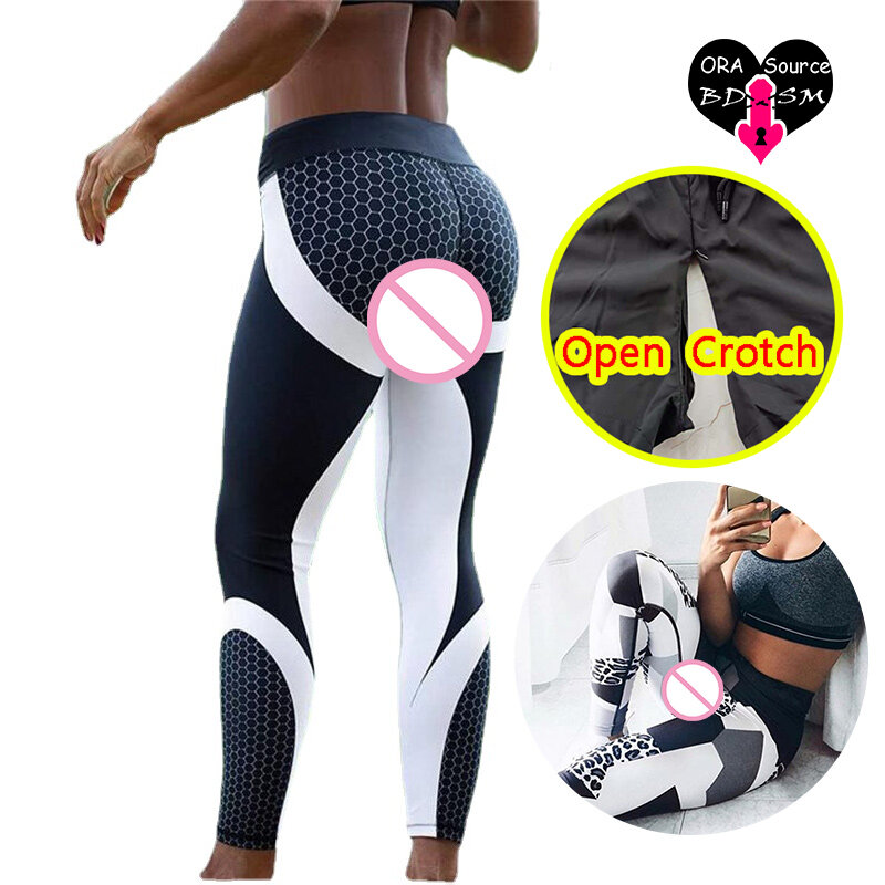 Kobieta bez krocza Sexy legginsy erotyczna z otwartym krokiem sportowa najnowsze spodnie oddychająca elastyczna siatka do biegania z nadrukiem na świeżym powietrzu