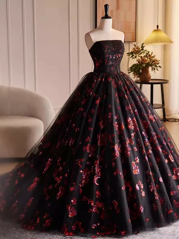 Real Picture Original Style Gothic Mexico Quinceanera Dresses Strapless Lace Up Ball Gown Party Prom Dress Vestido De 15 16 Anos