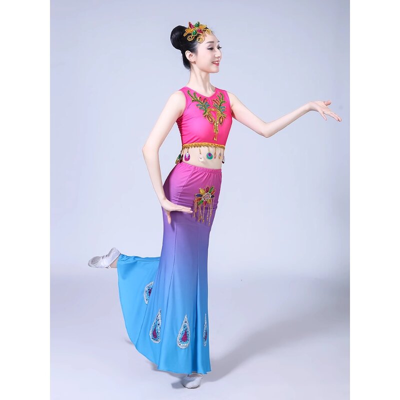 Dai gaun dansa untuk anak-anak dewasa wanita baru etnik merak gaun pertunjukan tari slim-fit bahu ganda gaun ekor ikan