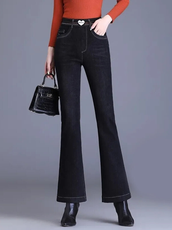 Calça jeans grossa de veludo forrado feminina, jeans skinny casual, cintura alta, quente, luxuoso, roupa de neve, inverno, nova
