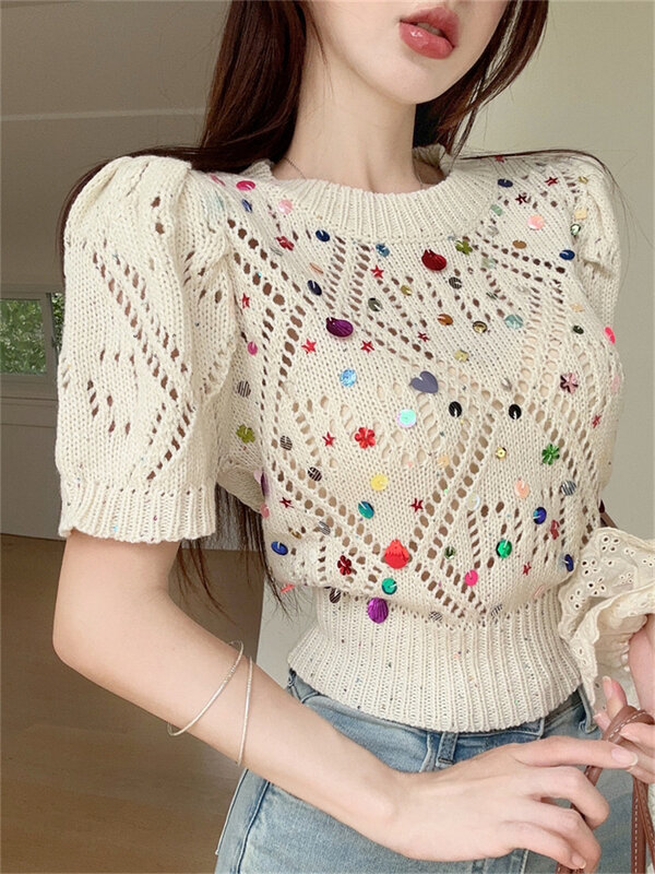 PLAMTEE Summer Hollow Out Sweet Sweaters Tees Women 2024 Casual Knitted Chic Pullovers Fashion Loose Office Lady Gentle