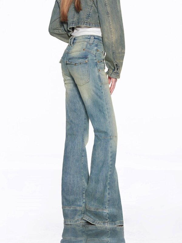Y2K 스타일 하라주쿠 워시 패션 여성 청바지, 블루 스트리트웨어 바지, 미적 2023 가을 섹시 플레어 데님 바지