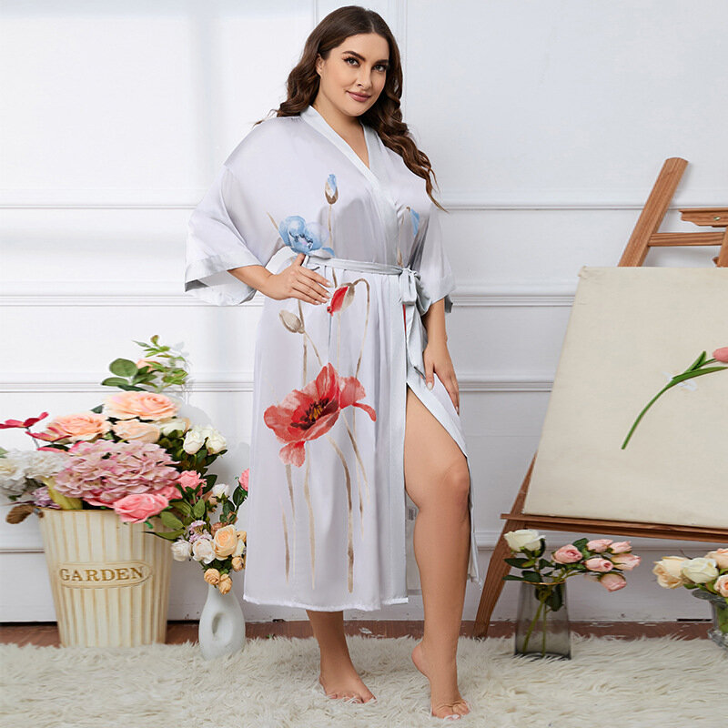 Women's Spring Summer Sexy V-Neck Ice Silk Luxury Line With Morning Robe Bathrobe Nightgowns