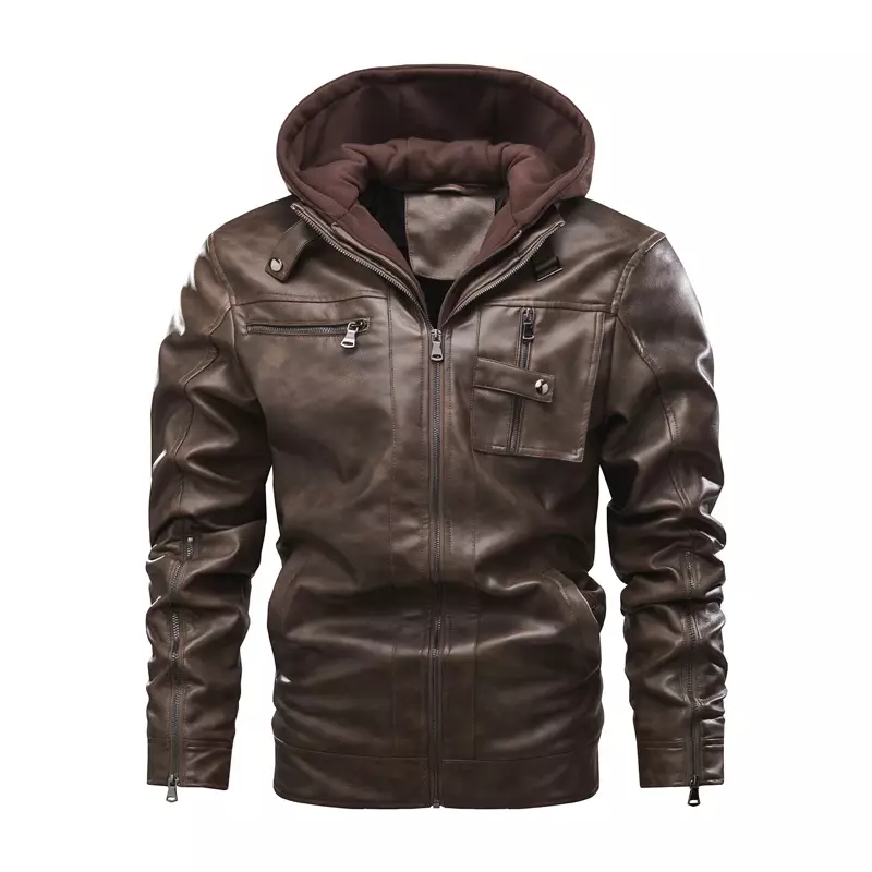 Jaqueta masculina de couro PU, punhos longos com zíper, jaqueta com capuz destacável, bolso múltiplo grande, moda casual, inverno