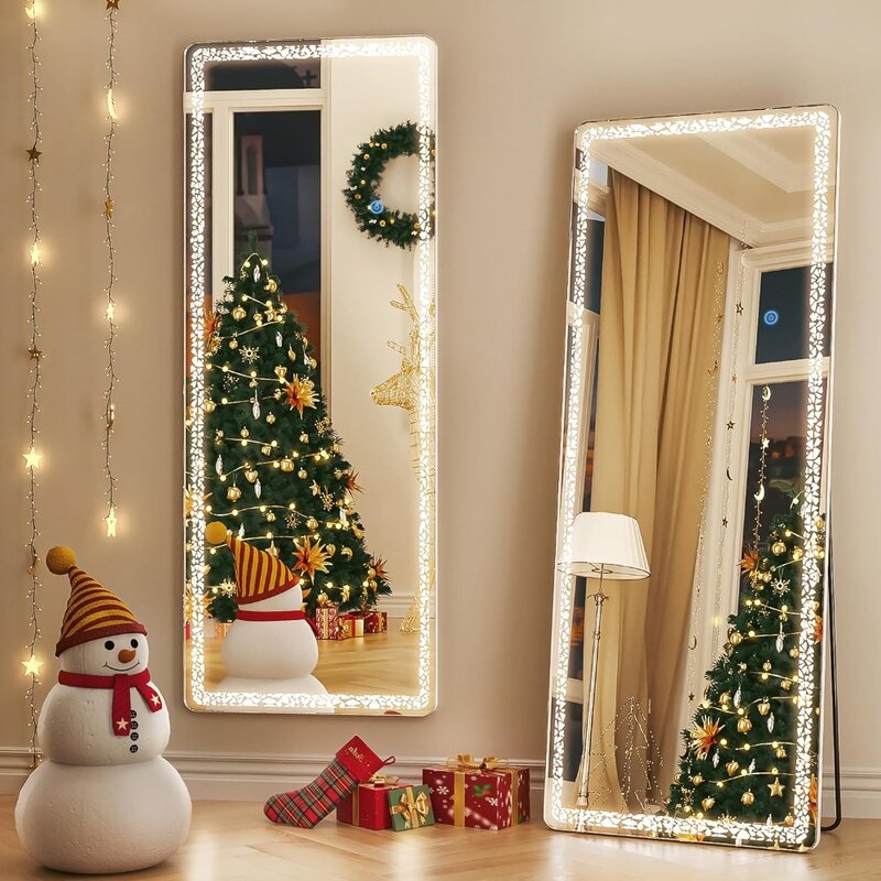 64" X 21" Lighted Floor Standing LED Mirror Full Length With Triangle Pattern Light Living Room Furniture Home. Led(white)