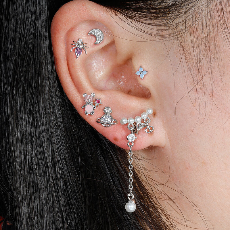 1pc Stainless Steel Zircon Ear Stud Earrings Cute Animal Bear Gecko Helix Screw Cartilage Piercing Earring Woman's Jewelry