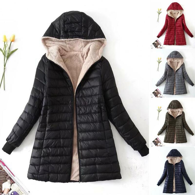 Hooded Coat Plush Lining Zipper Closure Slim Cardigan Winter Jacket Keep Warm Casual Wear Autumn Winter Mid-length Jacket