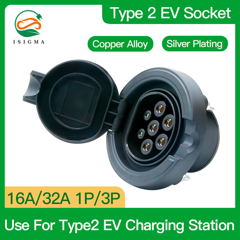 Issigma EV Konektor Charger Tipe 2 Socket IEC 62196-2 Digunakan untuk Type 2 EV Charging Station 16A 32A 1P/3P Female Pile Socket