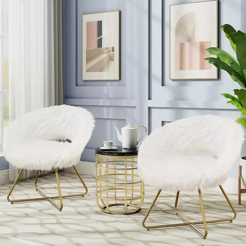 Swivel Faux Fur Accent Chair Set of 2 Living Room Chairs Vanity Chair, Modern Upholstered Comfy Saucer Chair Sofa Leisure Chair
